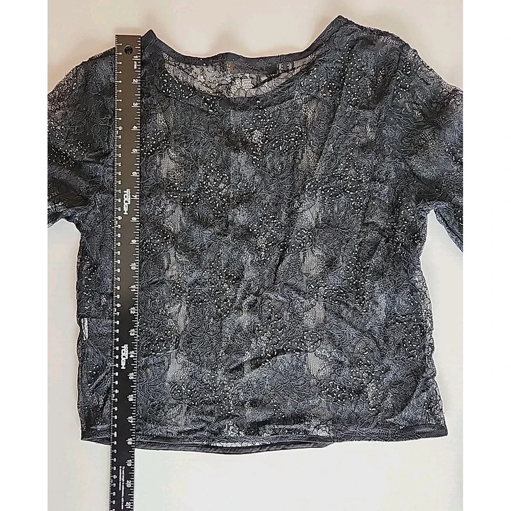 Zara Womens Sheer Top Size S Black Lace Beaded Long Sleeve Goth Going Out Edgy‎